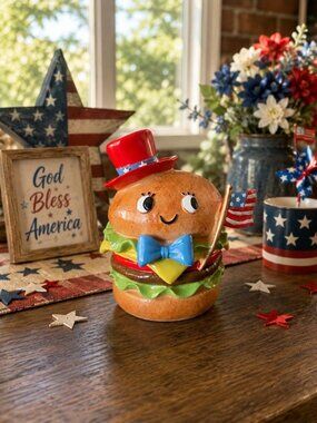 New Red Blue 4th of July Memorial Day Patriotic Cheeseburger W/ Flag Figurine